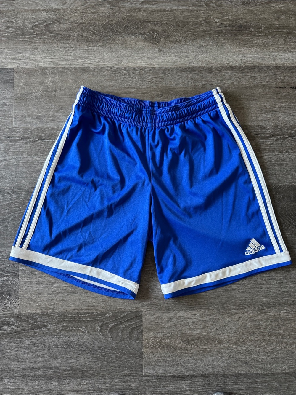 adidas boys Blue Athletic Shorts with White Stripes